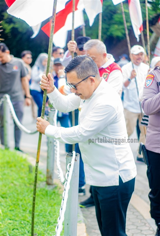 Bupati Banggai H. Amirudin menancapkan tiang bendera merah-putih